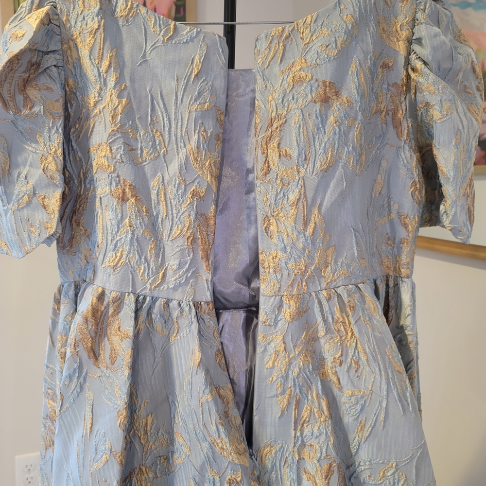 NWT MAC DUGGAL Puff Sleeve Brocade Gown Light Blue Hi Low Hem Size 14 - Picture 10 of 15